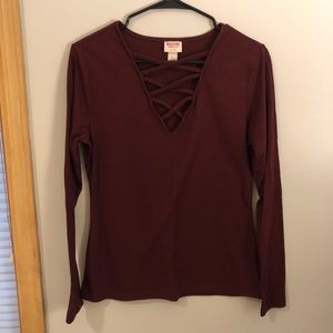 Burgundy Cross Neck Long Sleeve